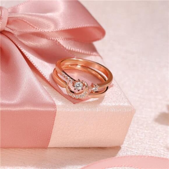 New Sterling Silver Moon and Star Ring Set Handmade Stackable Gold Plated - Picture 3 of 7